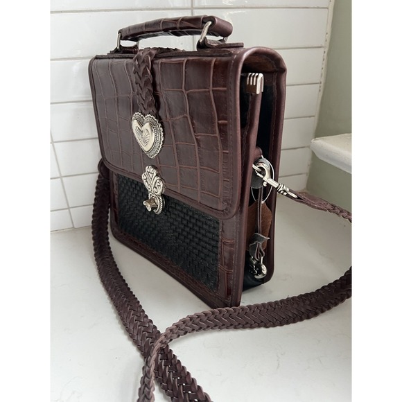 Brighton Mini Briefcase Crossbody w/ Card Slots Brown Black Silver Purse Hearts - Picture 5 of 16